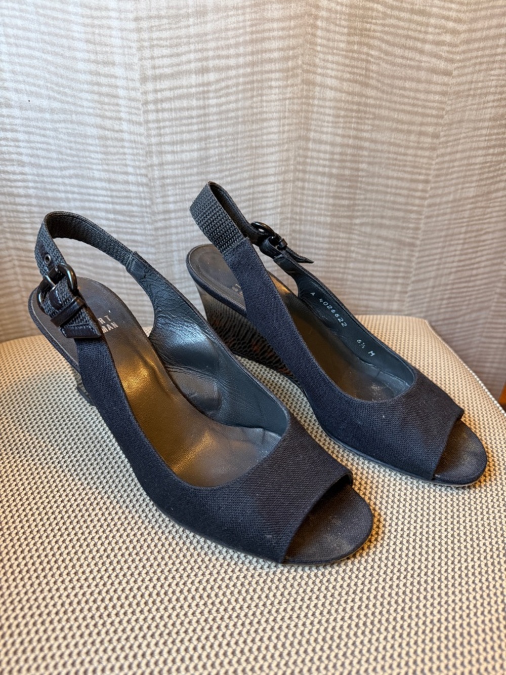 Stuart Weitzman Black Peep-Toe Slingback Wedge Heels
